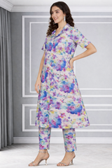 Floral Print Spandex Kurti Pant Co-Ord Set for Women 🌸
