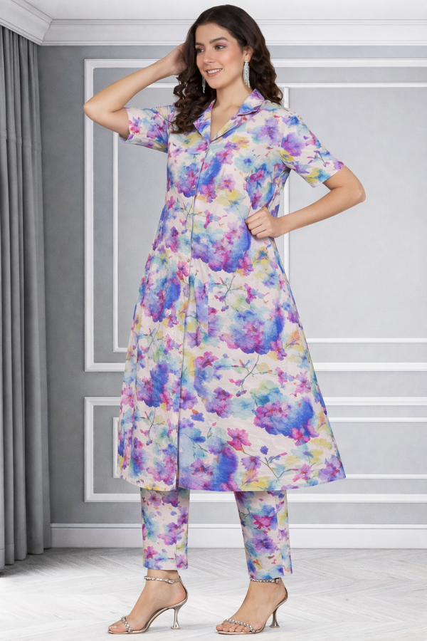 Floral Print Spandex Kurti Pant Co-Ord Set for Women 🌸