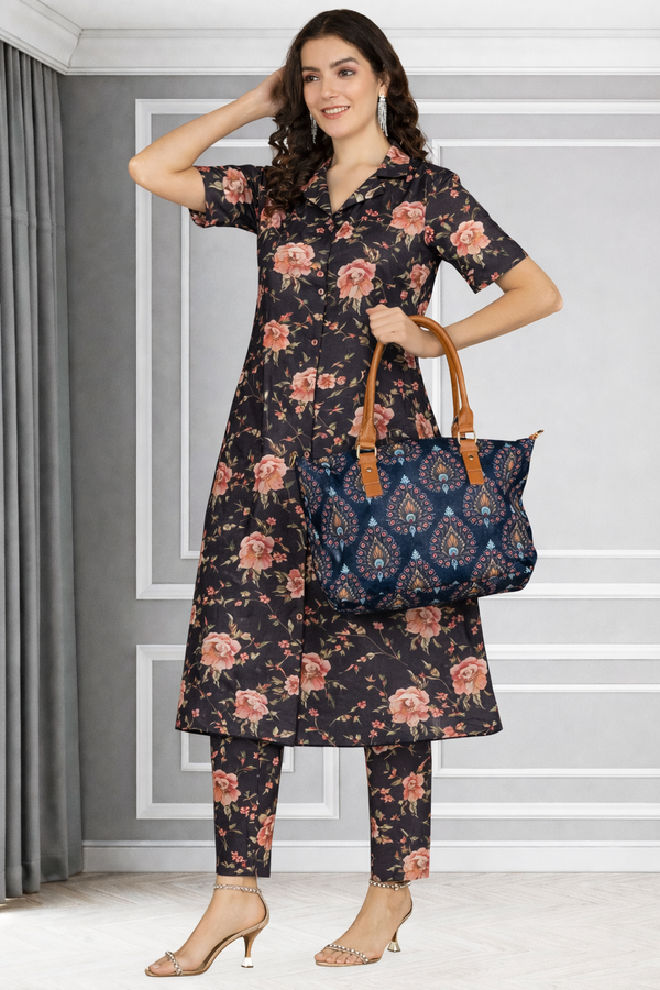 Floral Print Spandex Kurti Pant Co-Ord Set for Women 🌸