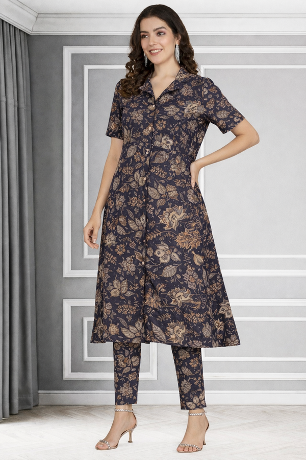 Floral Print Spandex Kurti Pant Co-Ord Set for Women 🌸