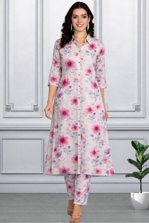 🌸 Floral Printed Spandex Kurti Pant Co-Ord Set 🌸