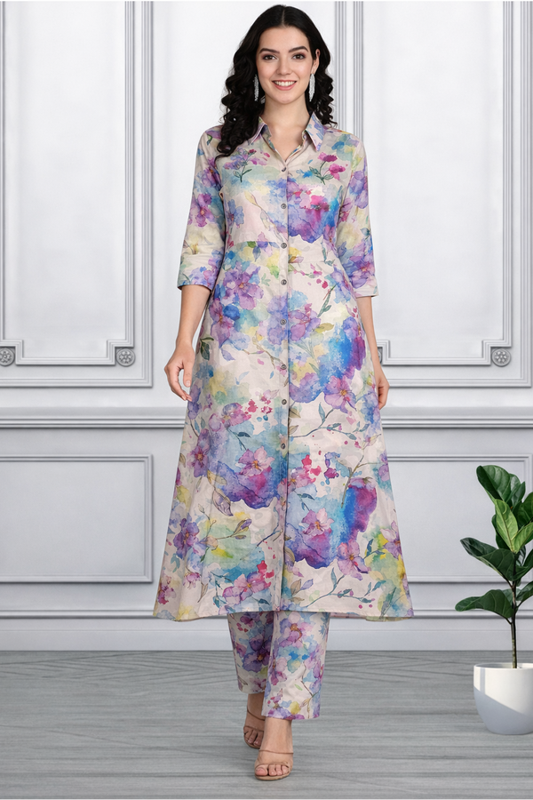 🌸 Floral Printed Spandex Kurti Pant Co-Ord Set 🌸