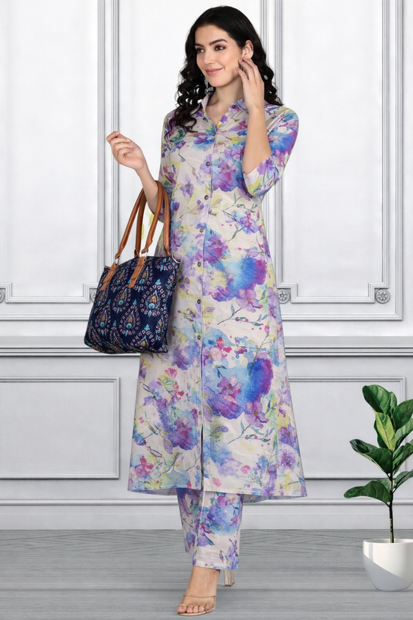 🌸 Floral Printed Spandex Kurti Pant Co-Ord Set 🌸