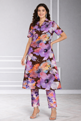 🌸 Floral Print Spandex Kurti Pant Co-Ord Set for Women 🌸
