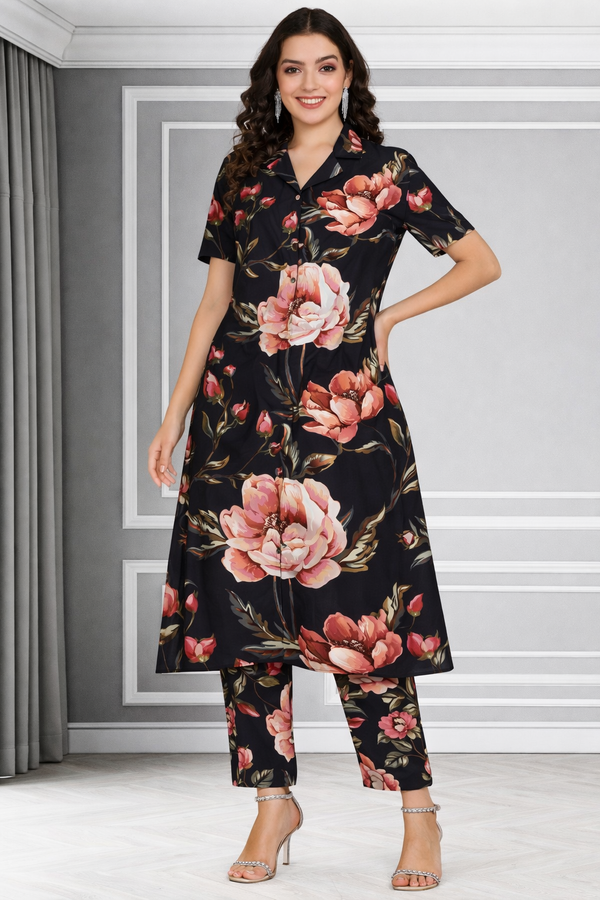 Floral Printed Kurti Pant Co-Ord Set in Stretchable Spandex Fabric
