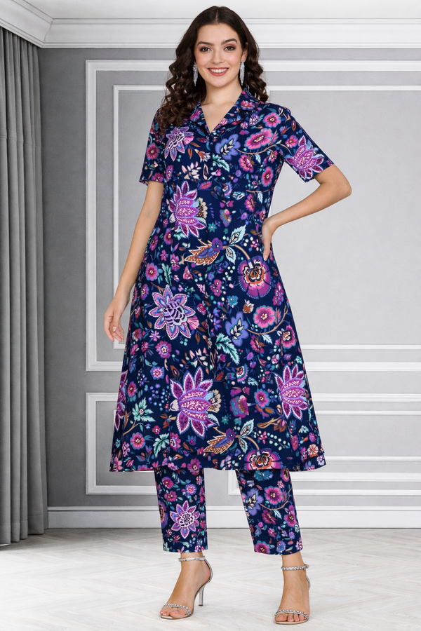 Floral printed kurti‑pant co‑ord set in stretch spandex