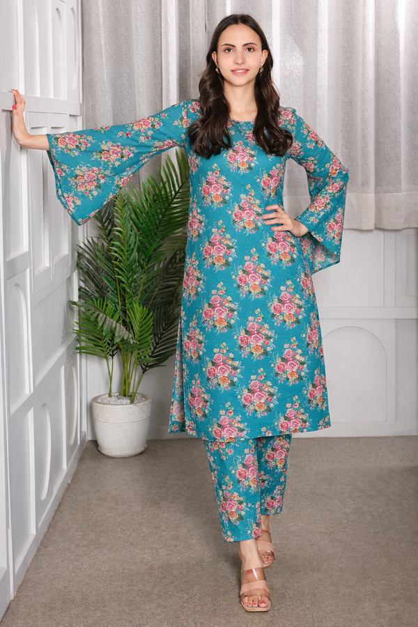 🌺 Floral printed kurti‑pant co‑ord set in stretch spandex