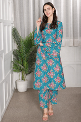 🌺 Floral printed kurti‑pant co‑ord set in stretch spandex