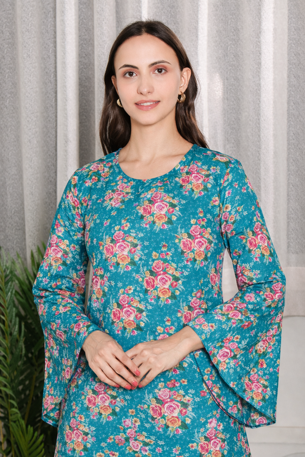 🌺 Floral printed kurti‑pant co‑ord set in stretch spandex