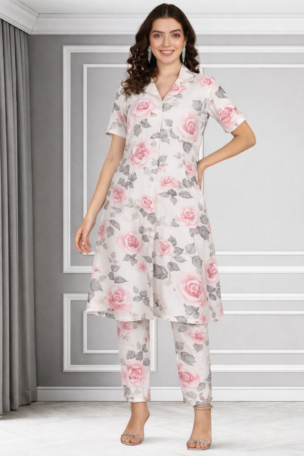 🌺Floral printed kurti‑pant co‑ord set in stretch spandex🌺