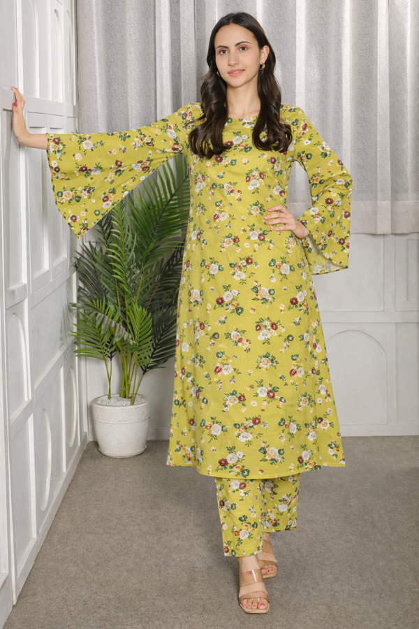 🌸 Floral Printed Kurti Pant Co-Ord Set in Stretchable Spandex Fabric