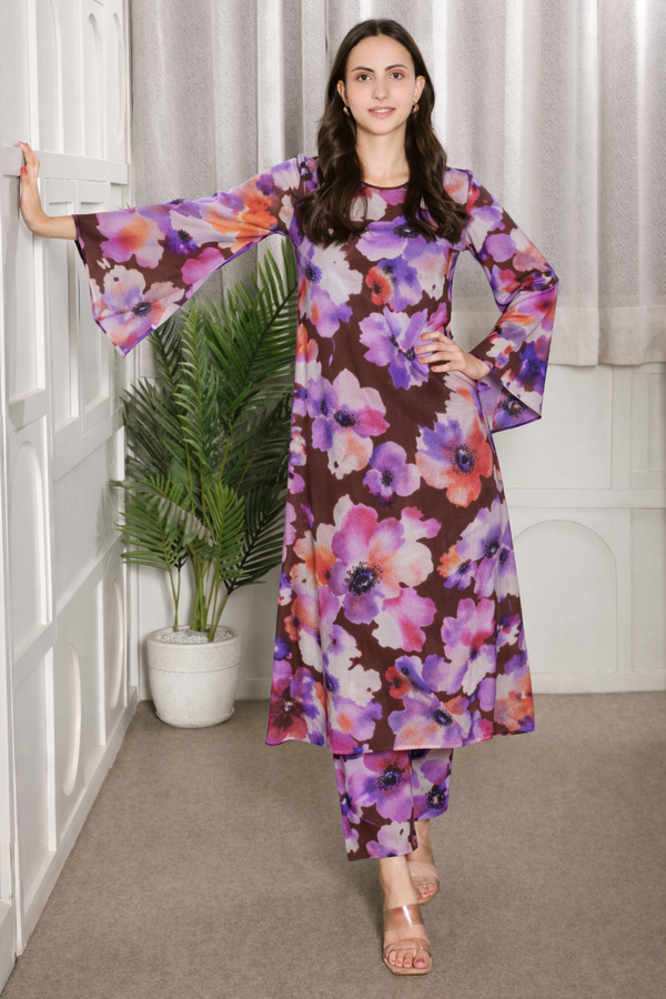 ✨ Floral Printed Kurti Pant Co-Ord Set (Spandex Fabric) ✨