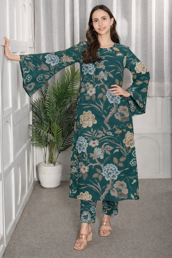 🌸 Floral Printed Kurti Pant Co-Ord Spandex Set 🌸