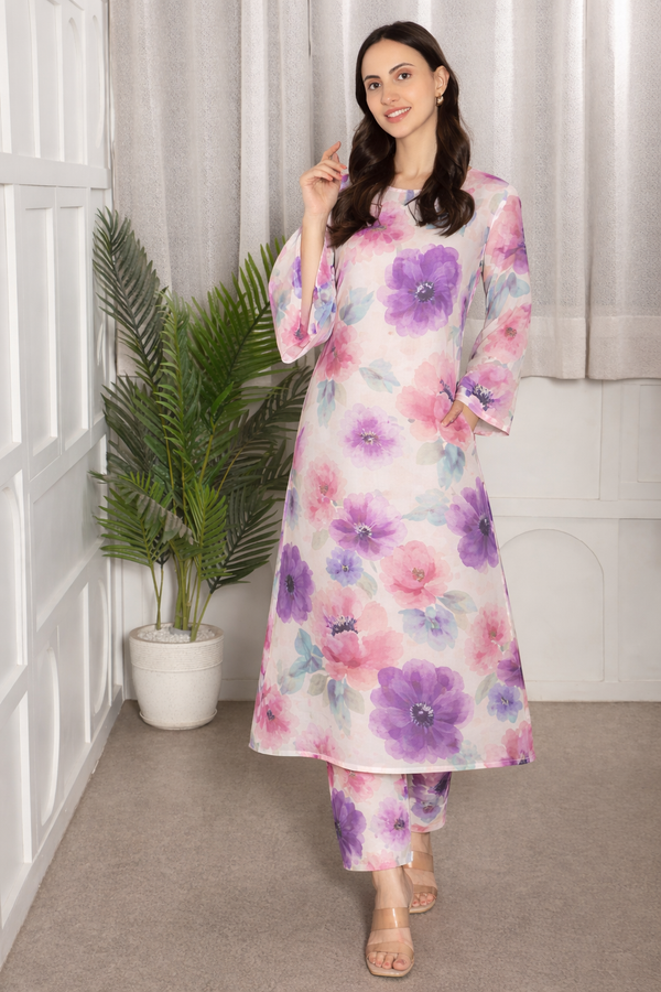 Floral printed kurti‑pant co‑ord set in stretch spandex