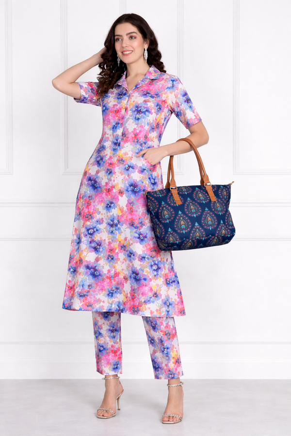 🌸 Floral Print Spandex Kurti Pant Co-Ord Set for Women 🌸