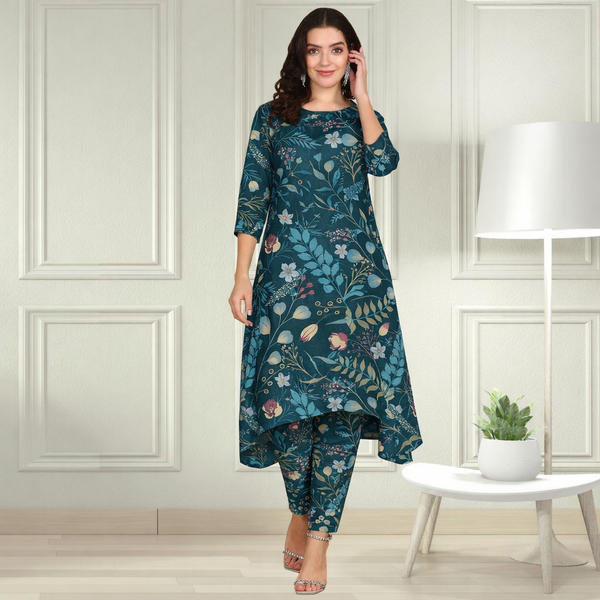 Floral Printed Spandex Kurti Pant Co-Ord Set for Women | Stretchable & Stylish Ethnic Wear