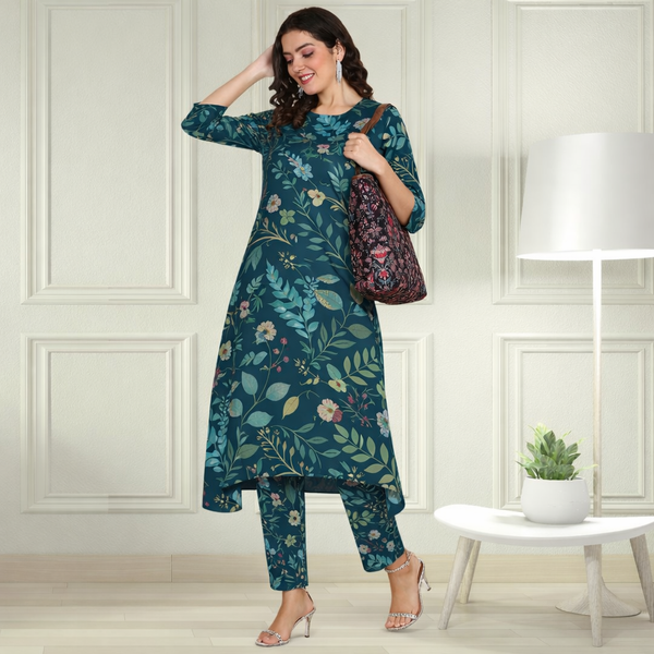 Floral Printed Spandex Kurti Pant Co-Ord Set for Women | Stretchable & Stylish Ethnic Wear