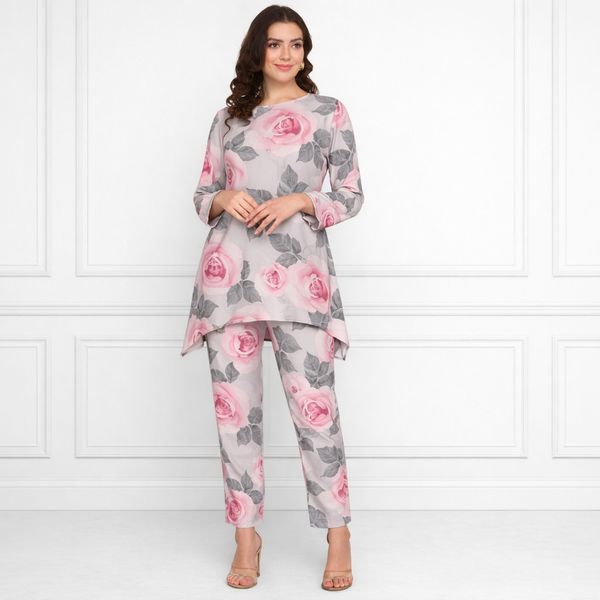 🌸 Floral Printed Spandex Kurti Pant Co-Ord Set 🌸