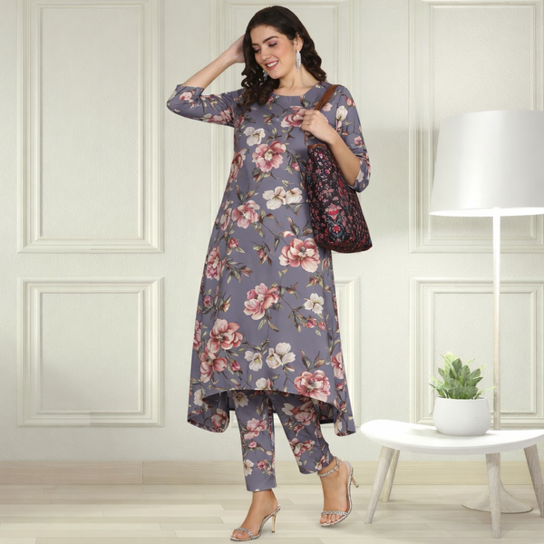 Floral Printed Spandex Kurti Pant Co-Ord Set for Women | Stretchable Printed Pant with Matching Kurti