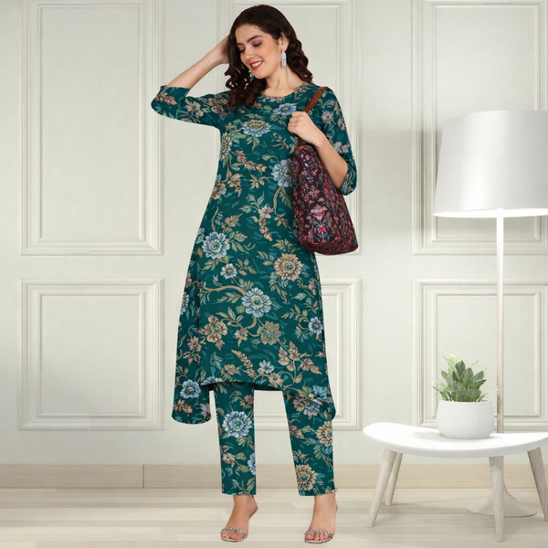 Floral Printed Spandex Kurti Pant Co-Ord Set for Women | Stretchable Printed Pant with Matching Kurti
