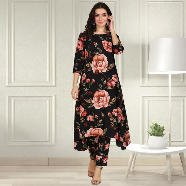 Floral Printed Spandex Kurti Pant Co-Ord Set for Women | Stretchable Printed Pant with Matching Kurti