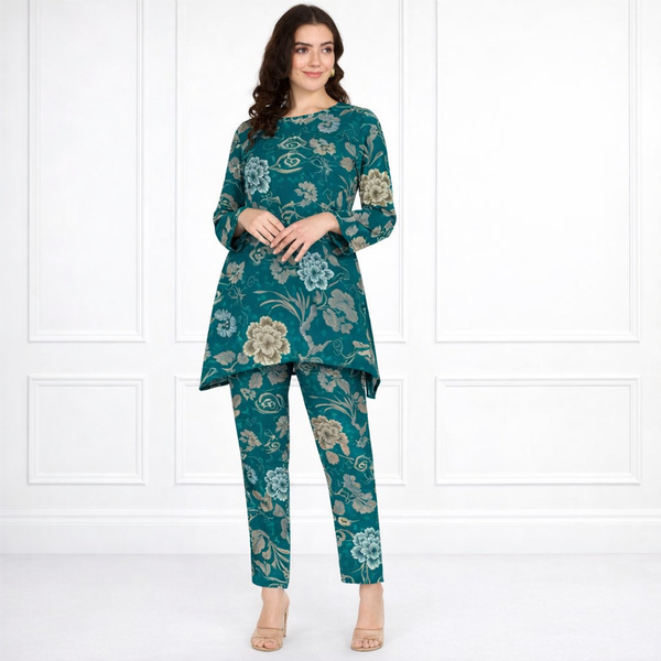 🌸 Floral Printed Spandex Kurti Pant Co-Ord Set 🌸