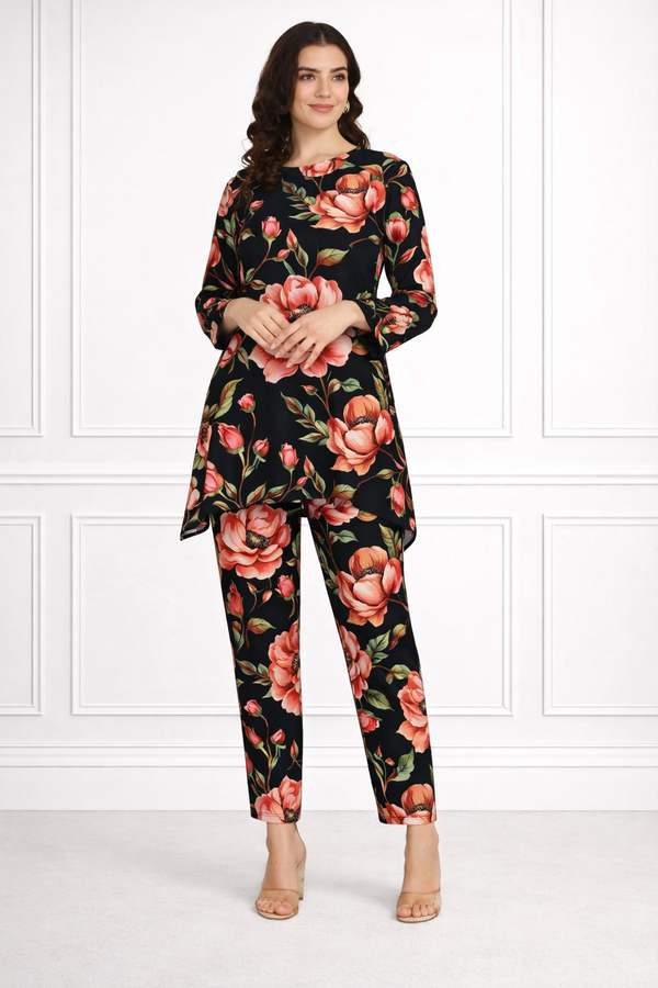 🌸 Floral Printed Spandex Kurti Pant Co-Ord Set 🌸