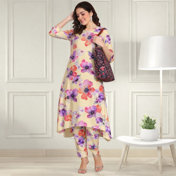 Floral Printed Spandex Kurti Pant Co-Ord Set for Women | Stretchable Printed Pant with Matching Kurti