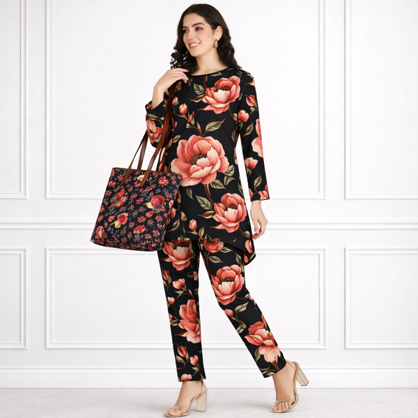 🌸 Floral Printed Spandex Kurti Pant Co-Ord Set 🌸