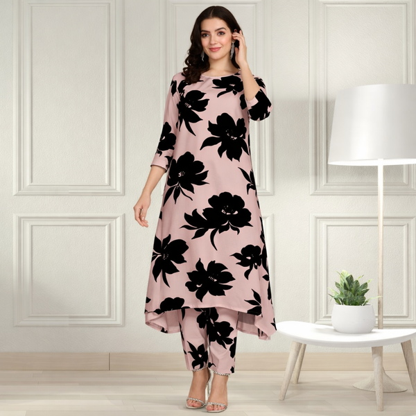 Floral Printed Spandex Kurti Pant Co-Ord Set for Women | Stretchable Printed Pant with Matching Kurti