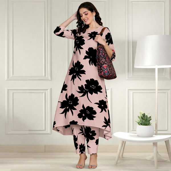 Floral Printed Spandex Kurti Pant Co-Ord Set for Women | Stretchable Printed Pant with Matching Kurti