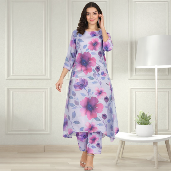 Floral Printed Spandex Kurti Pant Co-Ord Set for Women | Stretchable Printed Pant with Matching Kurti