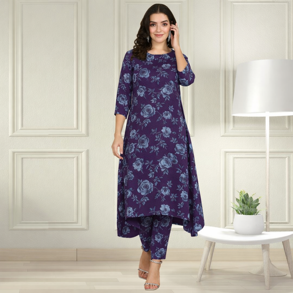 Floral Printed Spandex Kurti Pant Co-Ord Set for Women | Stretchable & Stylish Ethnic Wear