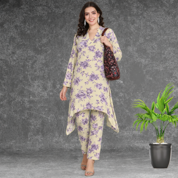 🌸 Floral Print Spandex Kurti Pant Co-Ord Set 🌸