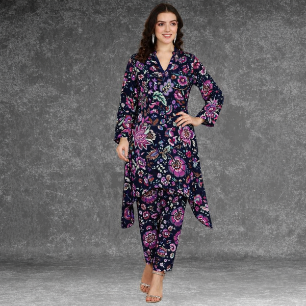 🌸 Floral Print Spandex Kurti Pant Co-Ord Set 🌸