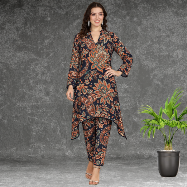 🌸 Floral Print Spandex Kurti Pant Co-Ord Set 🌸