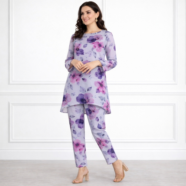 🌸 Floral Printed Spandex Kurti Pant Co-Ord Set 🌸