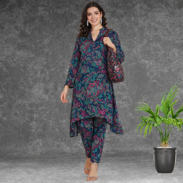 🌸 Floral Print Spandex Kurti Pant Co-Ord Set 🌸