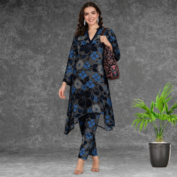 🌸 Floral Print Spandex Kurti Pant Co-Ord Set 🌸