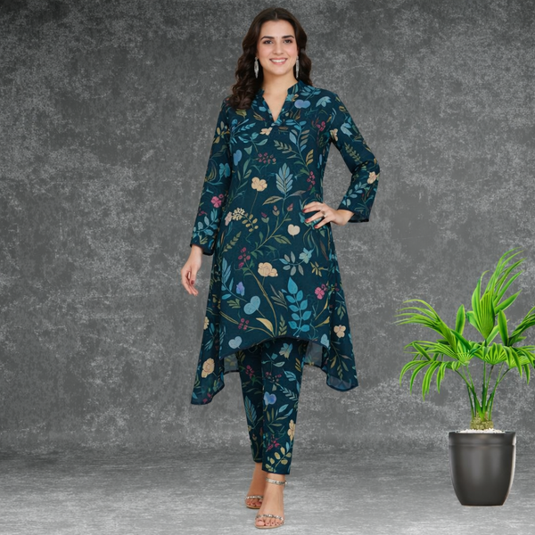 🌸 Floral Print Spandex Kurti Pant Co-Ord Set 🌸