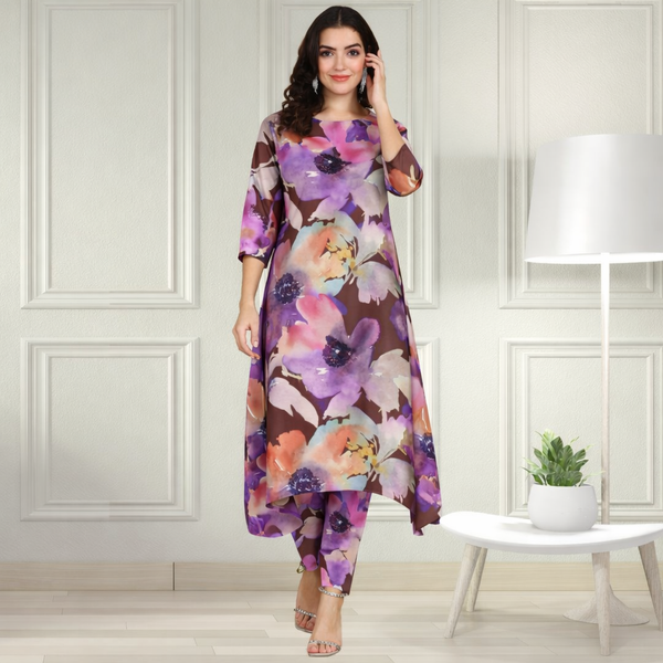 Floral Printed Spandex Kurti Pant Co-Ord Set for Women | Stretchable Printed Pant with Matching Kurti
