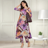Floral Printed Spandex Kurti Pant Co-Ord Set for Women | Stretchable Printed Pant with Matching Kurti