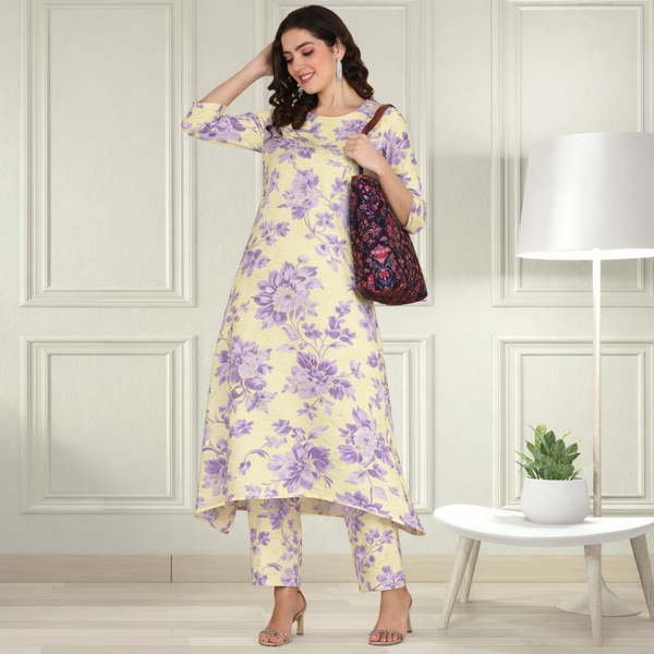 Floral Printed Spandex Kurti Pant Co-Ord Set for Women | Stretchable & Stylish Ethnic Wear