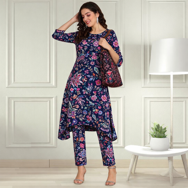 Floral Printed Spandex Kurti Pant Co-Ord Set for Women | Stretchable & Stylish Ethnic Wear