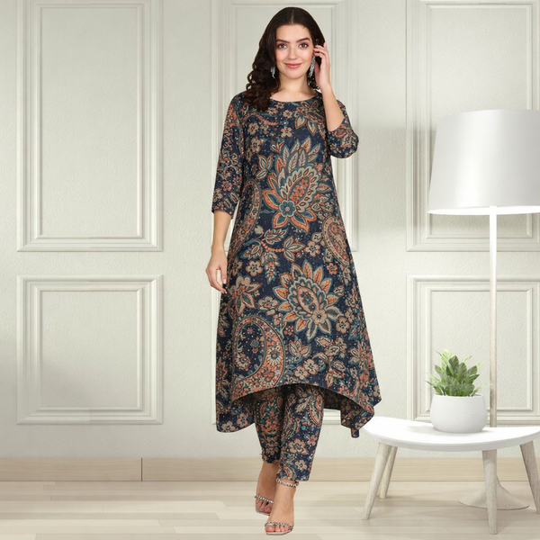 Floral Printed Spandex Kurti Pant Co-Ord Set for Women | Stretchable & Stylish Ethnic Wear