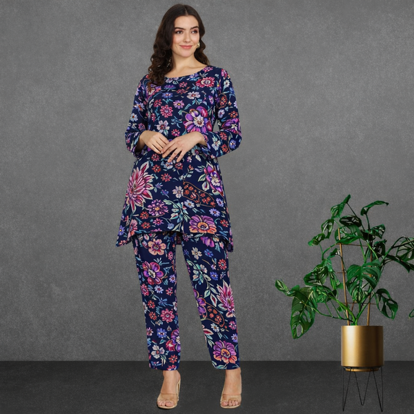 🌸 Floral Printed Spandex Kurti Pant Co-Ord Set 🌸