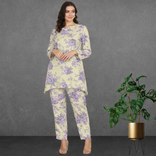 🌸 Floral Printed Spandex Kurti Pant Co-Ord Set 🌸