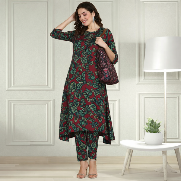 Floral Printed Spandex Kurti Pant Co-Ord Set for Women | Stretchable & Stylish Ethnic Wear