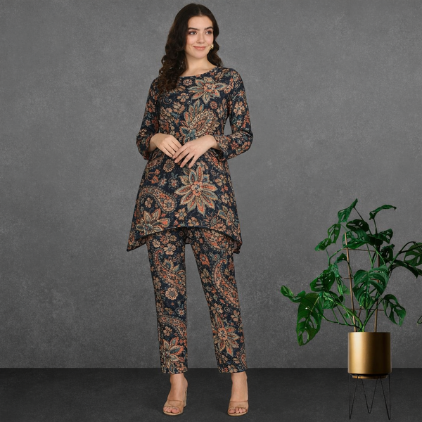🌸 Floral Printed Spandex Kurti Pant Co-Ord Set 🌸