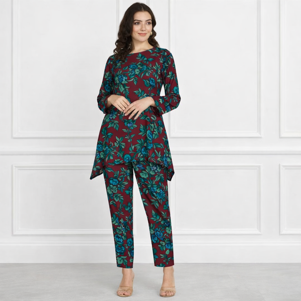 🌸 Floral Printed Spandex Kurti Pant Co-Ord Set 🌸